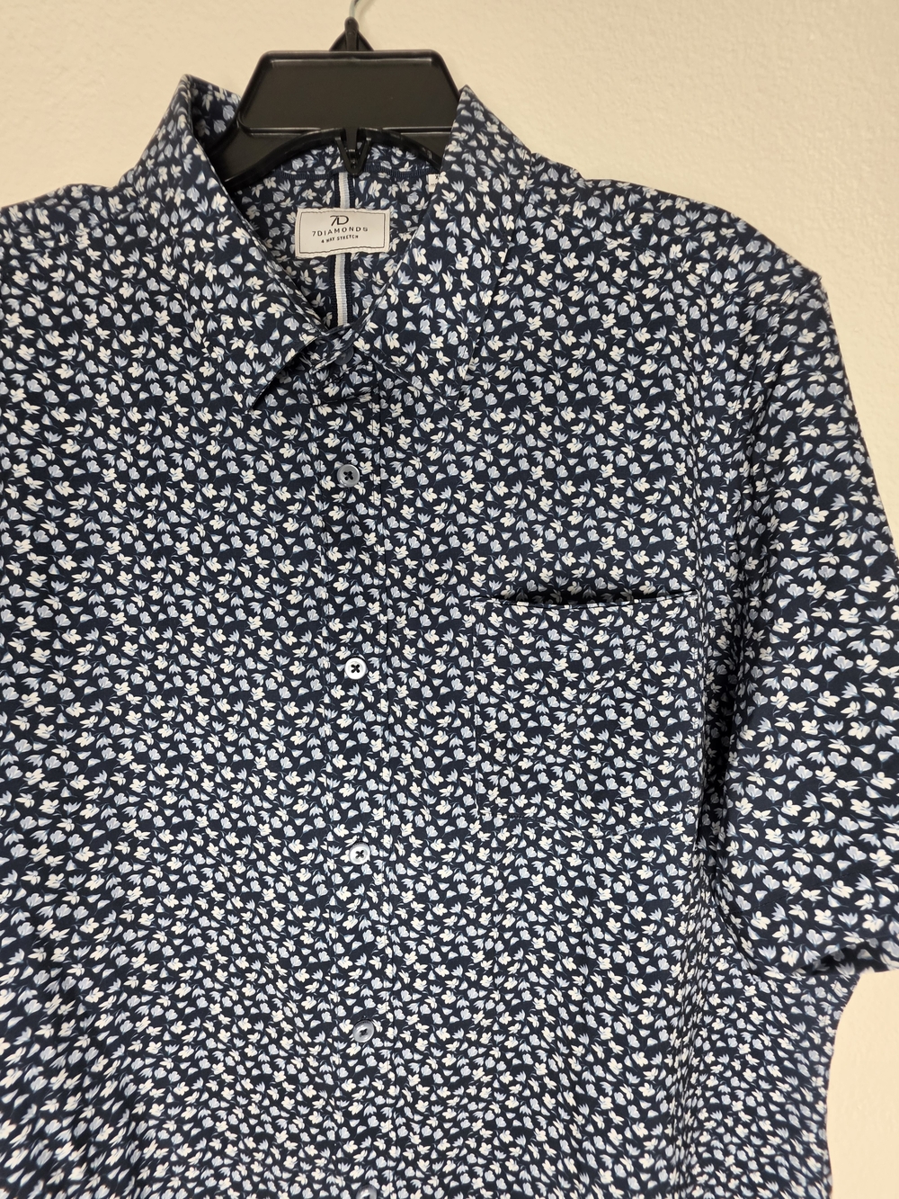 7 Diamonds Cion Mens XL Blue White Floral Short Sleeve Button Up 4-Way Stretch